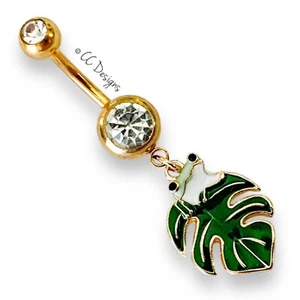 14g gold IP white cz dangle green white tree frog leaf belly ring (B87) - Picture 1 of 2