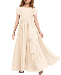 Girls Lace Flower Maxi Dress Ruffle Sleeve Junior Bridesmaid Chiffon Wedding - Picture 1 of 6