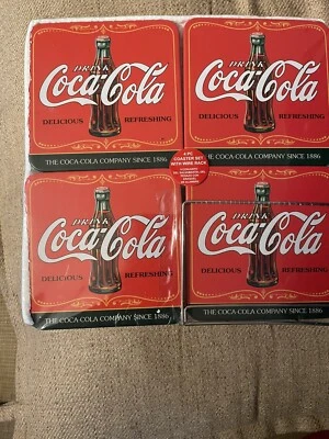 Coca Cola 4 Pc. Coast Set W/ Wire Rack Holder,  Cork Back, Factory Sealed - Image 1 of 4