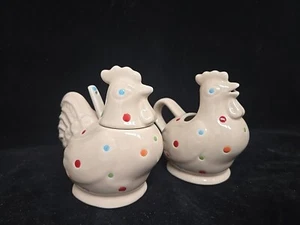 Temp~tations by Tara Polka-Dot Rooster Chicken Creamer & Sugar Set Spoon Beige - Picture 1 of 12