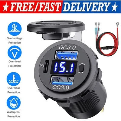 LOTE Voltímetro LED Cargador Rápido Coche 12V-24V PD+QC3.0 Doble USB Toma de corriente Foto 1 de 4