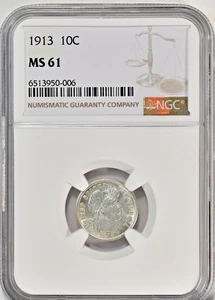 1913 10C Barber Dime Coin NGC MS-61 Silver Coin Nice & White 4863 - Picture 1 of 2