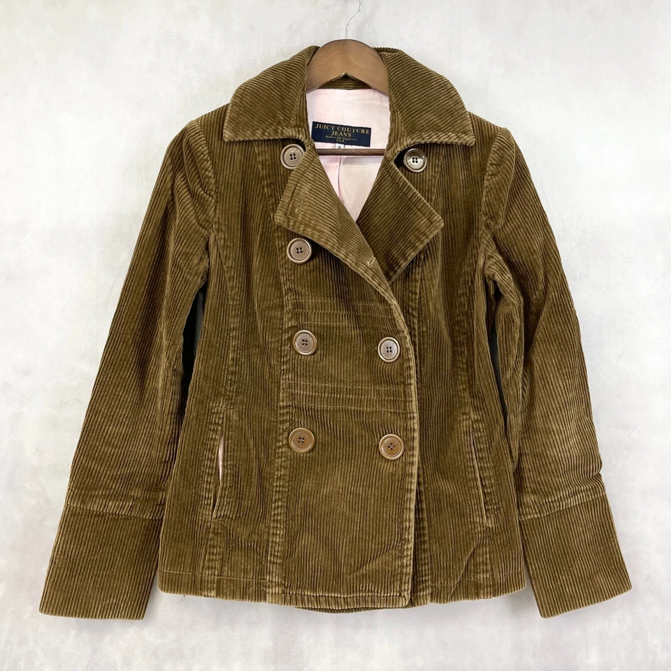 Abrigo de Colección Juicy Couture Mujer Guisante Pequeño Y2K Pana Marrón Preppy Retro Grunge Foto 1 de 4