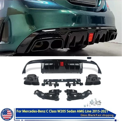 For 15-21 Benz W205 C63 C43 Sedan B Style LED Rear Bumper Diffuser+Exhaust Tips - Изображение 1 из 4