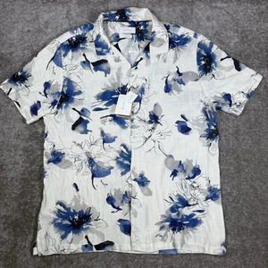 Neu mit Etikett Porter & Ash Herrenhemd Large blau Blumenmuster Leinenmischung Knopfleiste Camp-Kragen - Bild 1 von 8
