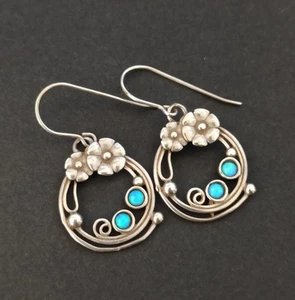 Shablool 925 Sterling Silver Opal Earrings Floral Hoop  Vintage 925 - Picture 1 of 6