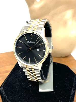 Reloj Mujer Bulova 98M134 Esfera Negra Fecha Cuarzo Dos Tonos Acero Inoxidable 32mm Foto 1 de 4