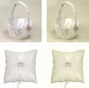 FLOWER GIRL BASKET/RING PILLOW W/DOUBLE HEART RHINESTONE ACCENT & ORGANZA - Picture 1 of 5