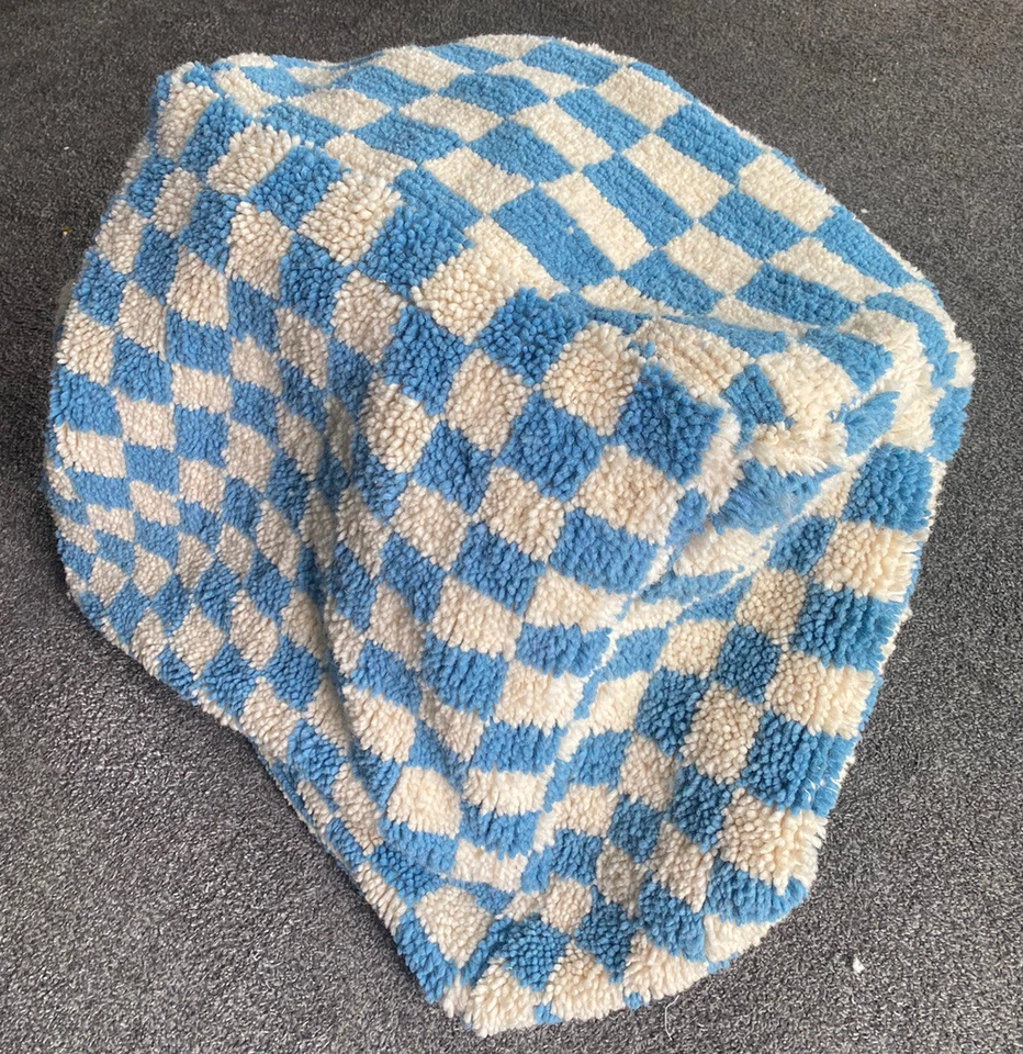 Light Blue and white Moroccan Berber wool checkered pouf ! Floor cushion - Image 1 of 4