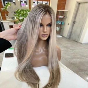 Long Straight Synthetic Wig Highlight Blonde Color Highlight Lace Front Wigs - Picture 1 of 9