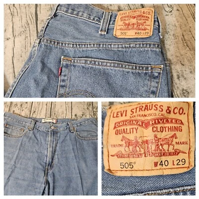 Pantalones de mezclilla vintage Levis 505 para hombre 40x29 años 90 azul pierna recta ala de murciélago negra Foto 1 de 4