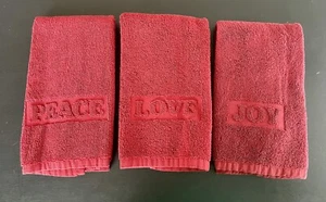 Set 3 Pottery Barn PEACE LOVE JOY Holiday Christmas Hand Towels Red Thick! - Picture 1 of 7