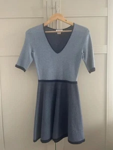 Club Monaco V-neck Fit Flare Dress in Navy and Light Blue - Picture 1 of 14