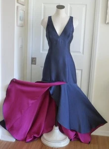 Vestido Sirena Carmen Marc Valvo Azul Marino con Volantes Asym Fucsia Infusión 12T 12 Raro - Imagen 1 de 19