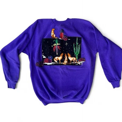 Arts & Crafts SW Coyotes Howling at Moon Desert sudadera púrpura hecha a mano, XL Foto 1 de 4