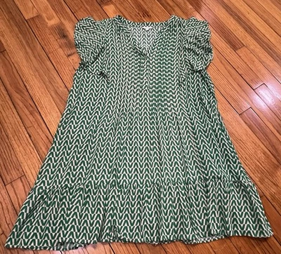 Blusa túnica Jodifl verde/beige cuello en V manga acampanada con micropliegues para mujer M Foto 1 de 4