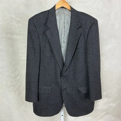 Vintage 80s Burberry Pure Wool Gray Blue Herringbone Tweed Two Button Blazer 44R - Image 1 of 4