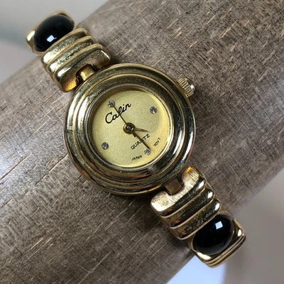 Vtg Calin Women Diamond Accent Gemstone Gold Bracelet Quartz 22mm Watch 6 1/2" - Image 1 of 4
