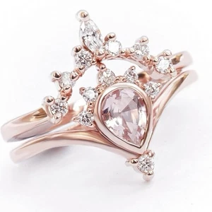 Ring Lab Created Pink Morganite Size 7 Rose Gold Plated Pear Crown Dainty Ring - Picture 1 of 9