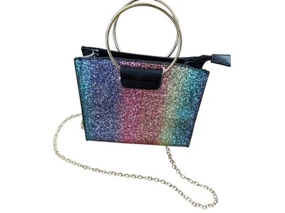 Rainbow Glitter Sparkle Black Handbag Detachable Gold Chain Strap top Handle Bag — 第 1/4 张图片