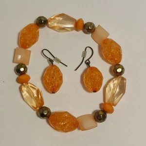 Perlenarmband mit Ohrringen Orange Pfirsich Kunststoff Dehnbar Bohemian - Bild 1 von 4