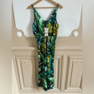 Zara tropical print palm leaves dress green M NWT satin lightweight summer midi - Picture 1 of 7
