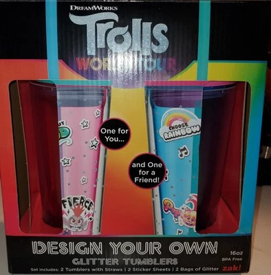 Trolls World Tour - Design Your Own Glitter Tumblers 16oz Pink/Blue Pack Of 2 - Image 1 of 4