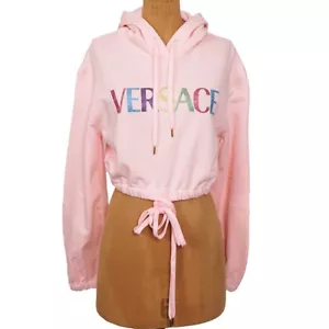 40 NEW $800 VERSACE Woman's CRYSTAL LOGO Cotton CROPPED SWEATSHIRT HOODIE TOP XS - Picture 1 of 14
