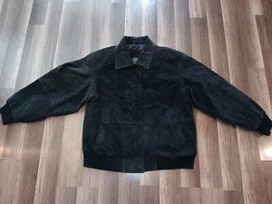 Bomber vintage Basic Editions nero pelle scamosciata uomo taglia XL giacca indossata - Foto 1 di 22