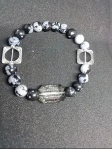 Snowflake Obsidian Gray & Black BALANCE Natural Stone Bead Stretch Bracelet - Picture 1 of 2