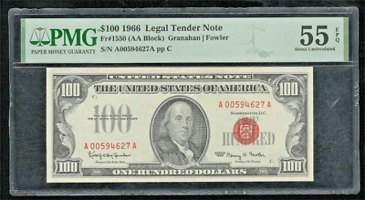 US 1966 $100 Legal Tender  FR 1550 PMG 55 EPQ Ch AU (627) - Image 1 of 2