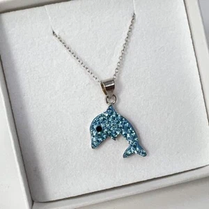 Collana ciondolo acqua delfino cristallo argento sterling 925 confezione regalo - Foto 1 di 4