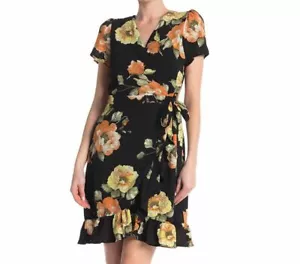 Luxology ~ Black Floral Crepe V-Neck Ruffle Hem Wrap Party Dress L NEW - Picture 1 of 4
