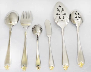 WALLACE FLEUR DE LIS Gold Accent 6 Piece Hostess Set Stainless NEW NEVER USED - Picture 1 of 6