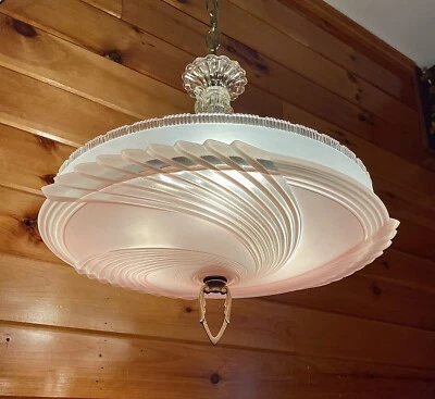 Antique 1920s 30s LARGE Art Deco Nouveau Champagne Pink Glass Chandelier Light - Image 1 of 4