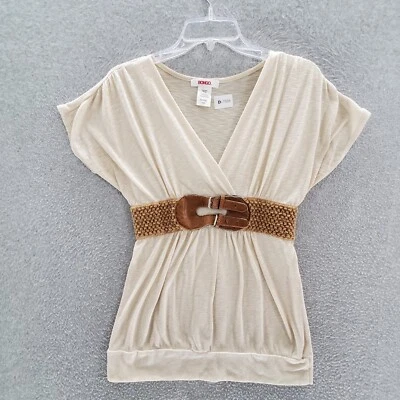 Bongo Junior Top XL Beige Tunic Shirt Belted Buckle Pleated Short Sleeve V Neck - Image 1 of 4