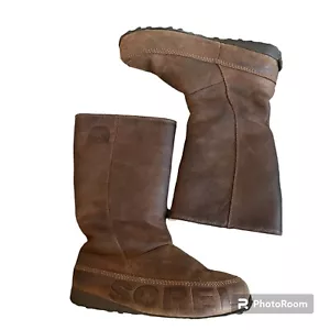 Sorel Womens 9 Boots Suka Tall Shearling Lined Brown Waterproof Leather Pull On - Picture 1 of 11
