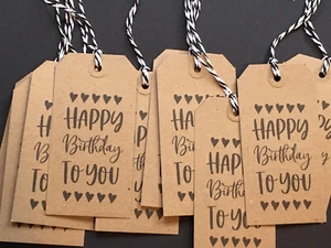 10 Novelty Brown kraft 120 X 60mm Hearts Happy Birthday Gift Tags Labels - Picture 1 of 2