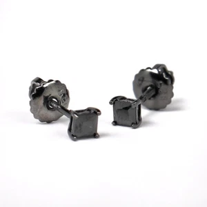 Black Princess Cut Small Cz Solitaire Stud Screw on Post Earrings For Men - Picture 1 of 4