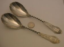 2 Antique COIN SILVER Albert Coles Scalloped Bowl Twist Handle Serving Spoons