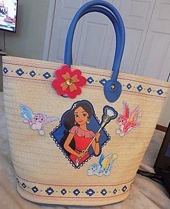 "BOLSO/BOLSO DE MANO DE PLAYA/BAÑO AUTÉNTICO ""ELENA"" PAJA BRONCEADA DISNEY CON CORREAS AZULES 12""X 15" - Imagen 1 de 8