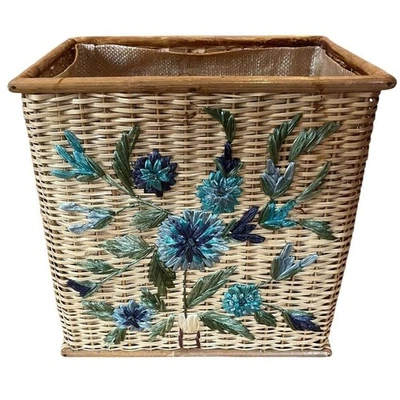 VTG Lined Waste Basket Raffia Embroidery Flowers Philippines 11x11x8” Trash Can - Image 1 of 4