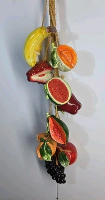 Vintage Hanging Ceramic Mixed Fruit Food  Bunch 24" Braided Rope Kitchen Decor - Image 1 of 4