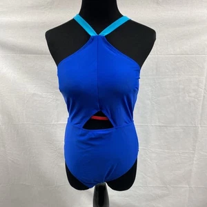 Juicy Couture Swimsuit 1 Piece High Neck Contrasting Binding JCPOP 442 Med Blue - Picture 1 of 11