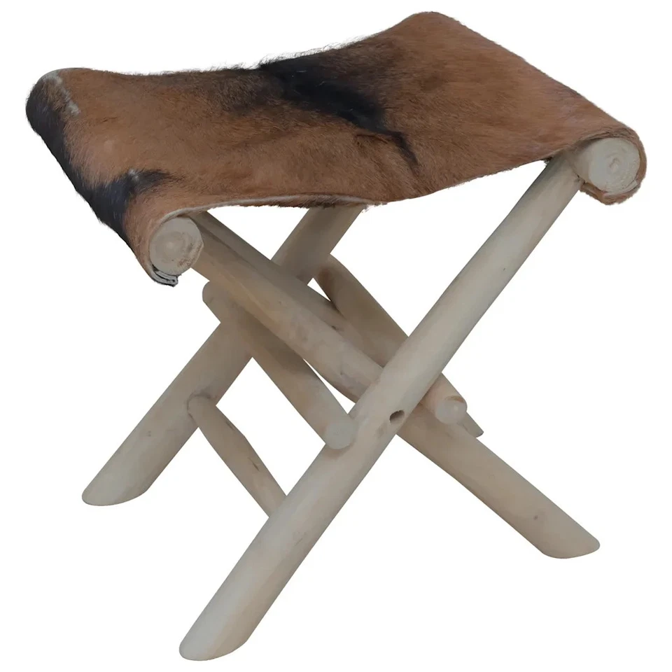 Folding Stool Brown Real goat leather solid teak wood Medium vidaXL - Image 1 of 4