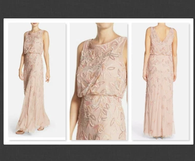 Adrianna Papell  Blush Pink Floral Beaded Mesh Illusion Blouson  Size 4P   #D26 - Image 1 of 4
