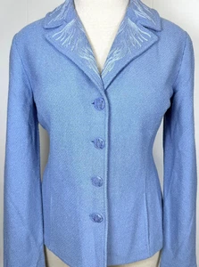 Unique St John blue jacket textured knit logo buttons pockets NWOT size 12 - Picture 1 of 2