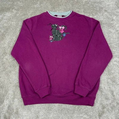 Purple Blair Black Kitty Cat Floral Crewneck Sweatshirt Size M Grandma Animal  - Image 1 of 4