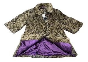 Leopard Kunstfell Erbsenmantel von mir Jane Glitzer Knöpfe/lila Futter/Glamrock XL Neu mit Etikett - Bild 1 von 17