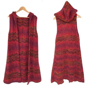 Knitizen : Boho Hooded Chevron Knit Wool Blend Long Vest Duster Open Front : S - Picture 1 of 10